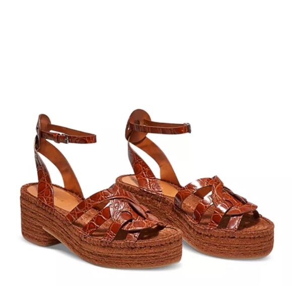 Robert Clergerie Brown Chaya Croc Embossed Leather and Raffia Heels - Picture 1 of 14